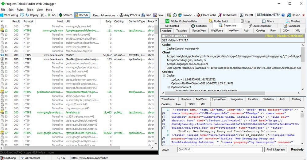 Fiddler screenshot - Los 10 Mejores Analizadores de Paquetes de 2026