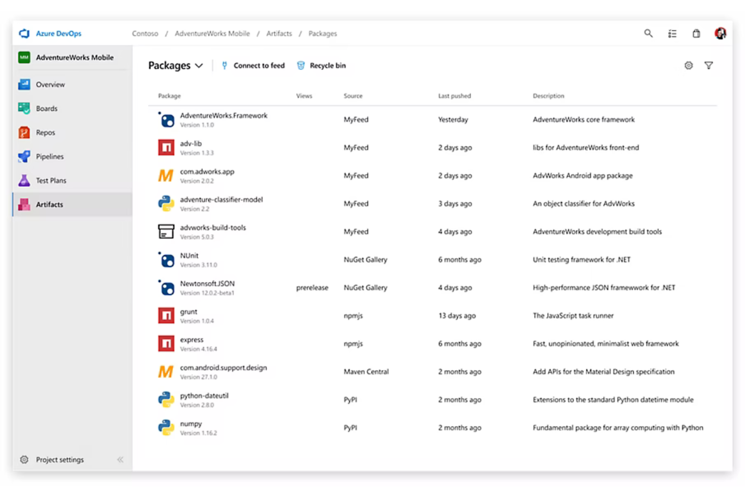 Microsoft Azure Artifacts screenshot - 10 beste tools voor artefactrepositories in 2026