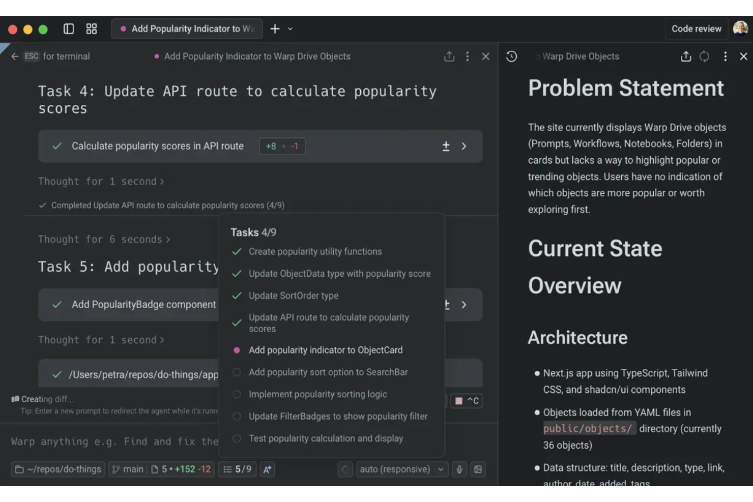 Warp screenshot - 10 beste tools voor ontwikkelaarsproductiviteit in 2026