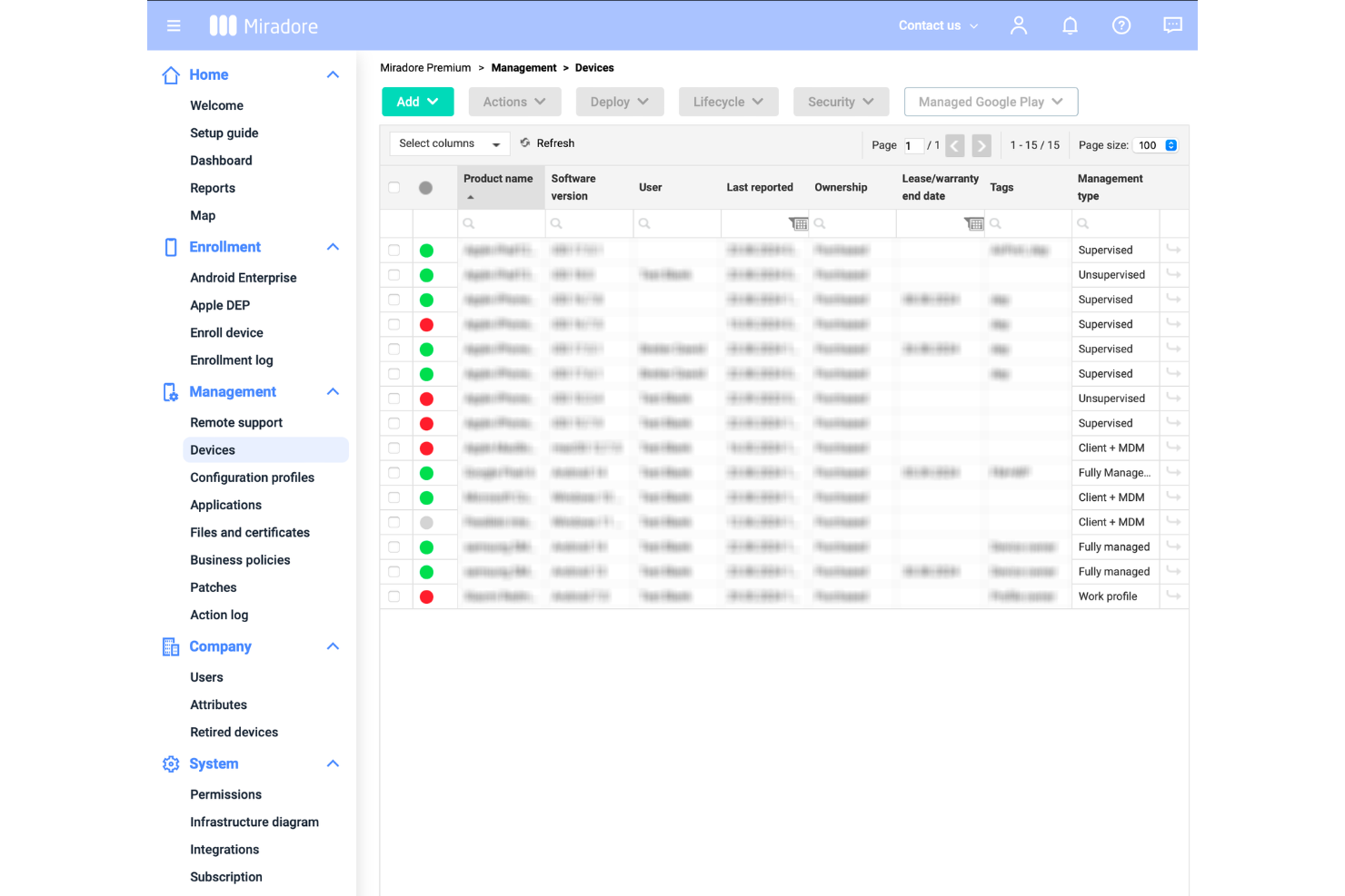 Miradore screenshot - 10 beste software voor Apple-apparaatbeheer in 2026