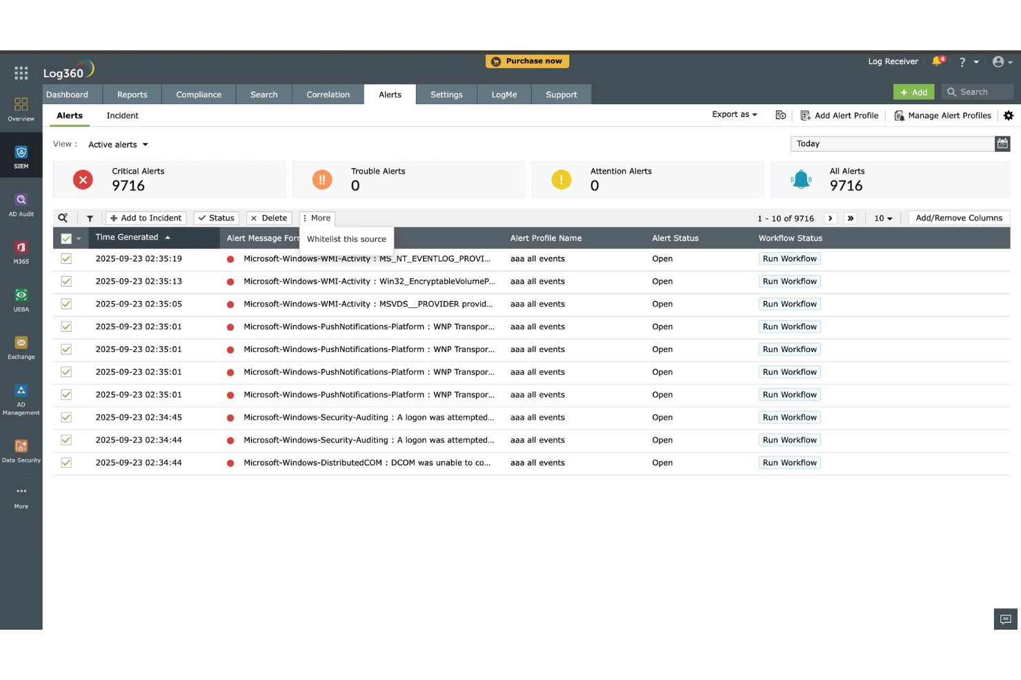 ManageEngine Log360 screenshot - 10 beste AI-hulpmiddelen voor cyberbeveiliging beoordeeld in 2026