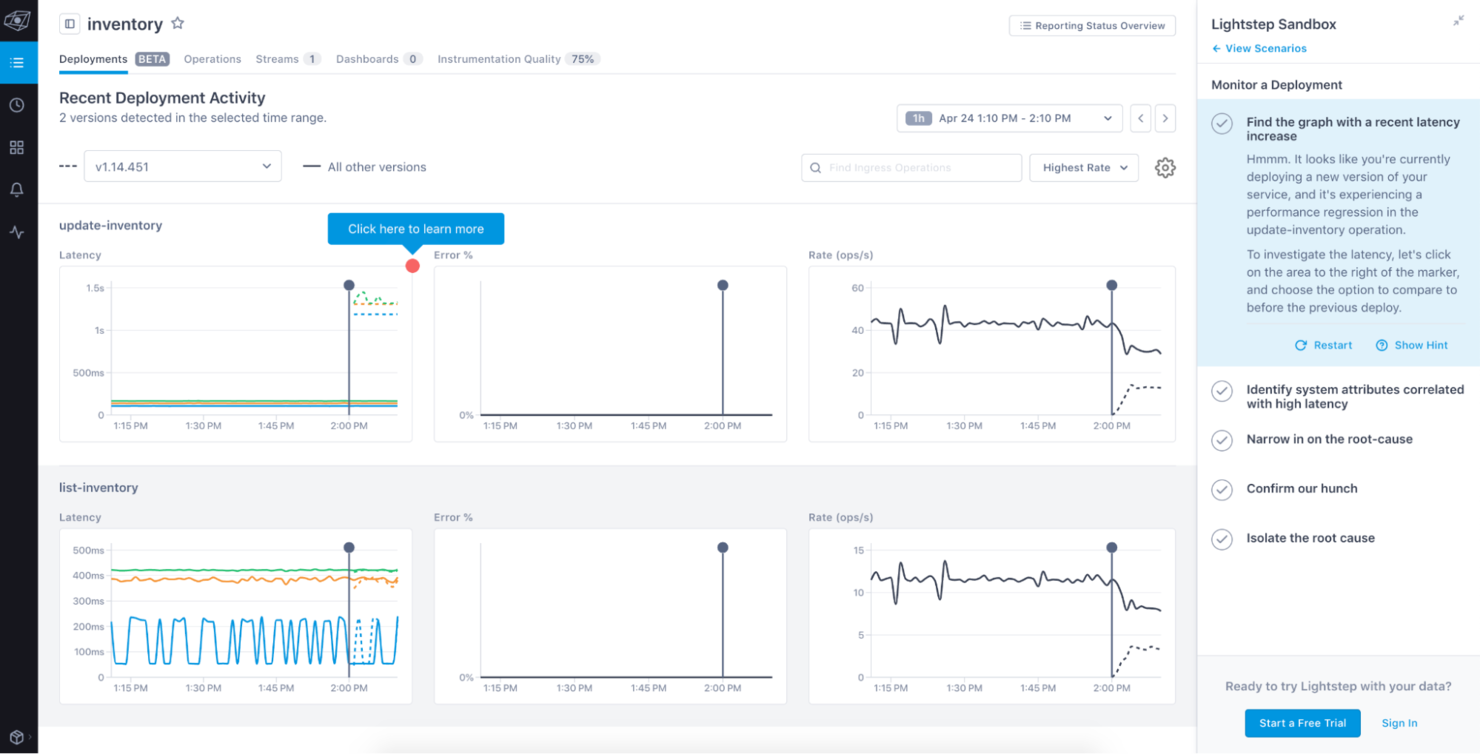 Lightstep screenshot - 10 platforms voor observeerbaarheid beoordeeld in 2026
