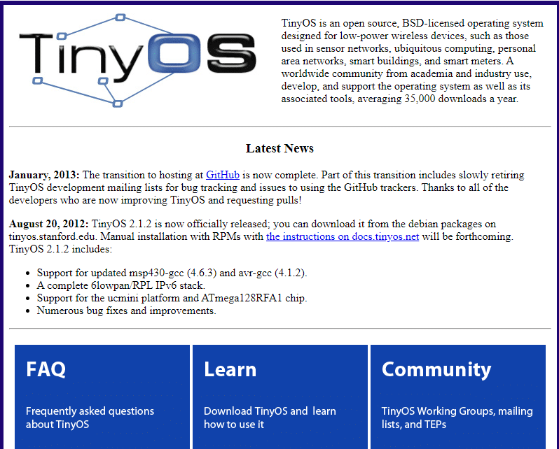 TinyOS screenshot - Gids voor de 10 beste IoT-besturingssystemen van 2026