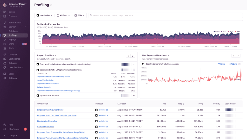 Sentry Profiling screenshot - 10 Beste Profileringstools Om Prestaties Te Verbeteren in 2026