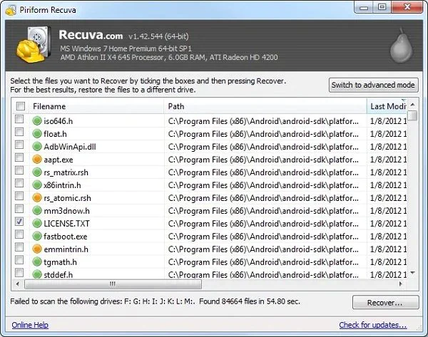 Recuva screenshot - Top 10 software voor gegevensherstel uitgelegd