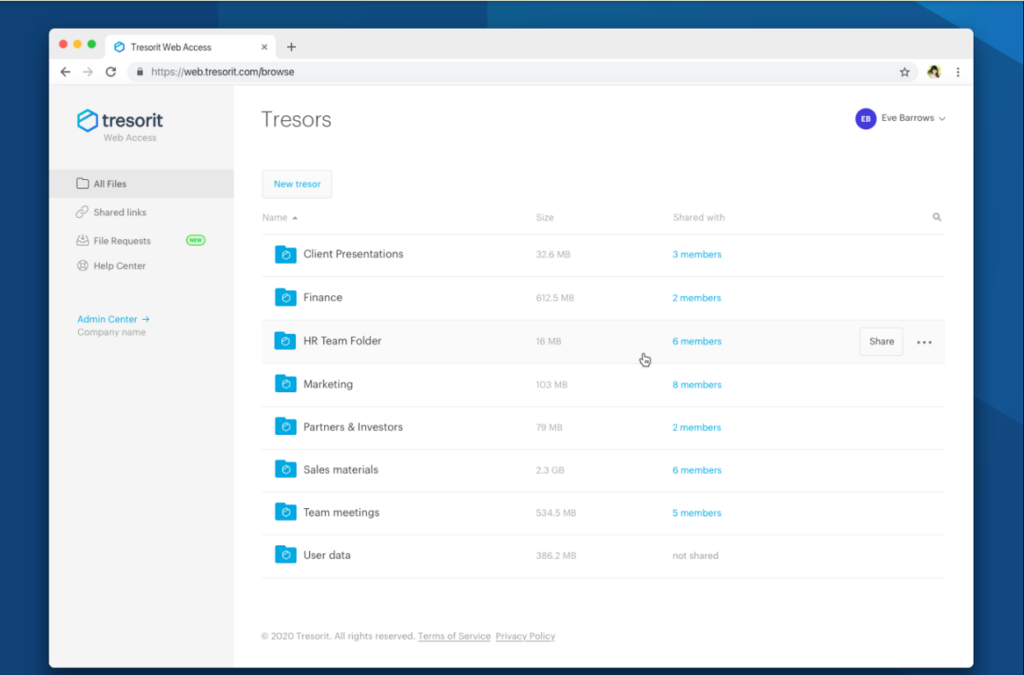 Tresorit screenshot - De 10 beste cloudback-upoplossingen ontdekken