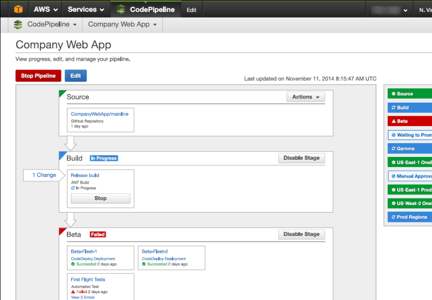 AWS CodePipeline screenshot - 10 beste tools voor continue integratie die je niet kunt negeren