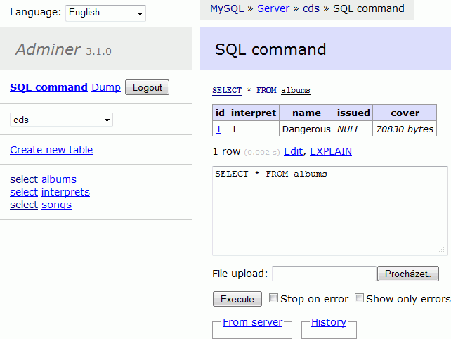 Adminer Editor screenshot - 10 beste SQL-editors beoordeeld in 2026
