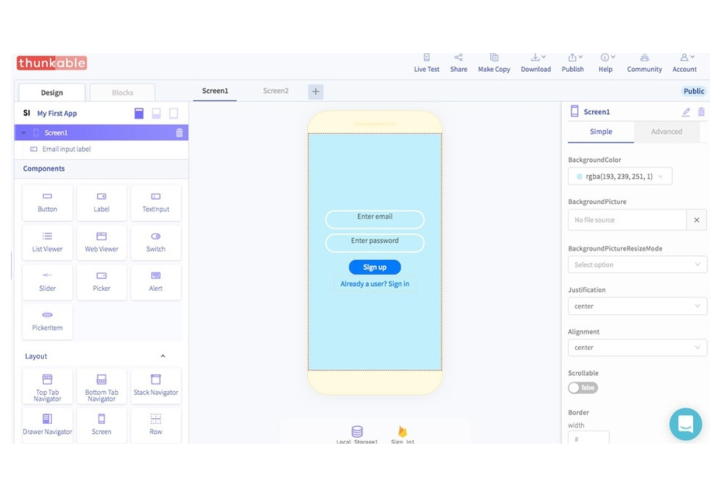 Thunkable screenshot - 10 gratis platforms voor appbouwers zonder code, geselecteerd voor 2026
