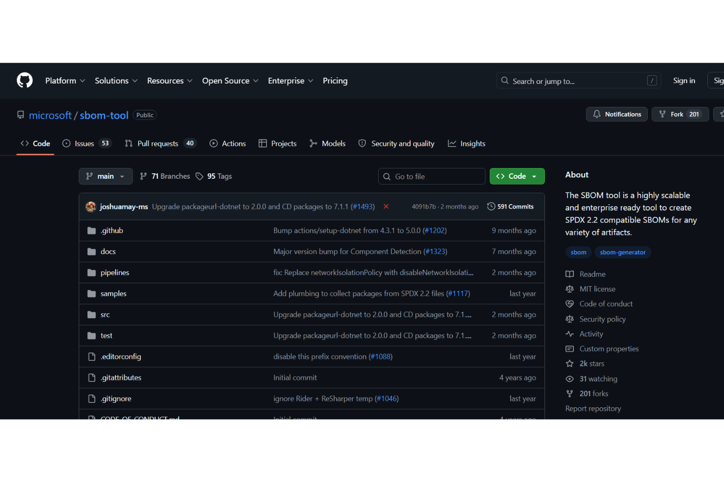 Microsoft SBOM Tool screenshot - 10 beste tools voor het genereren van SBOM’s in 2026