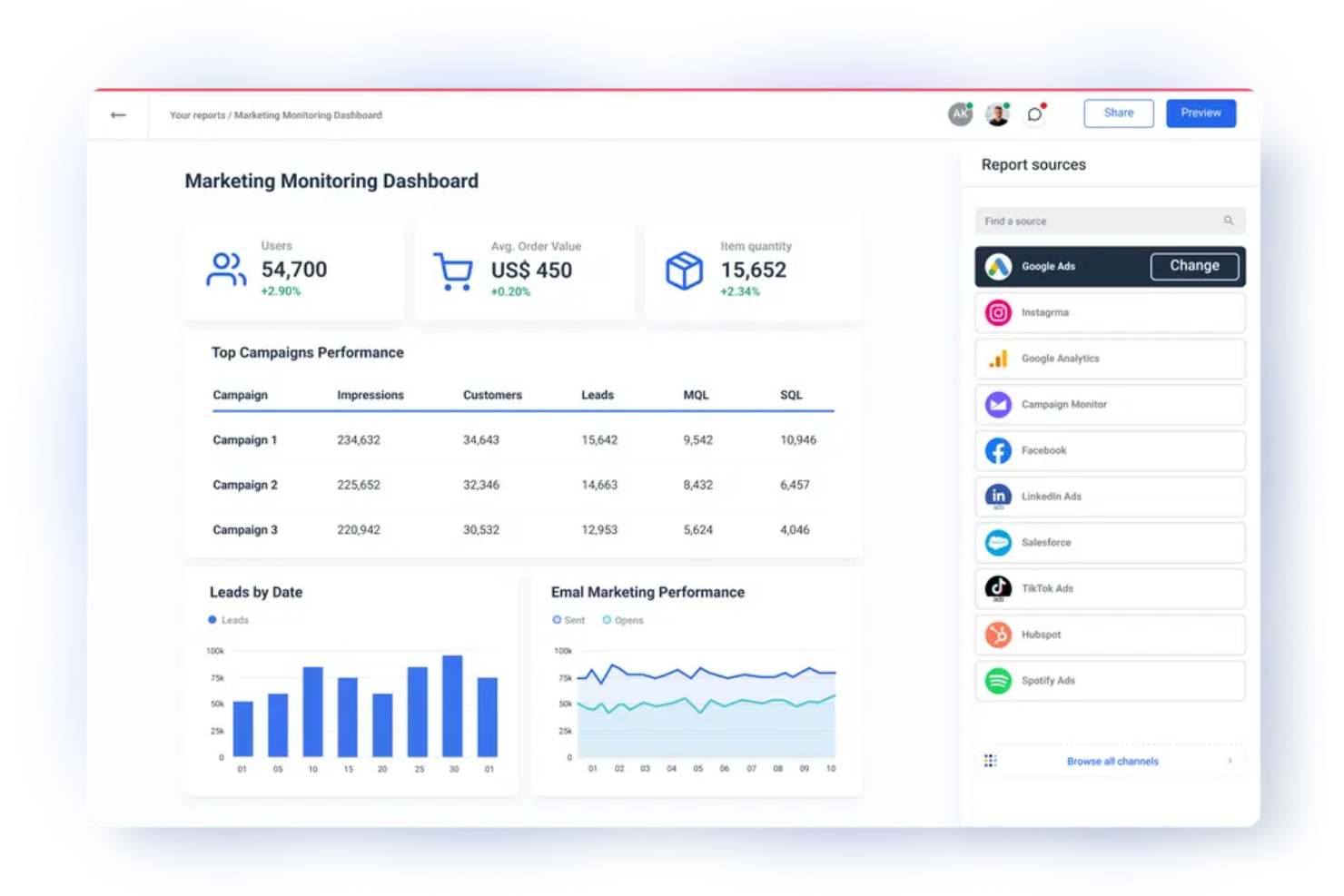 Whatagraph screenshot - 10 beste alternatieven voor Supermetrics beoordeeld in 2026