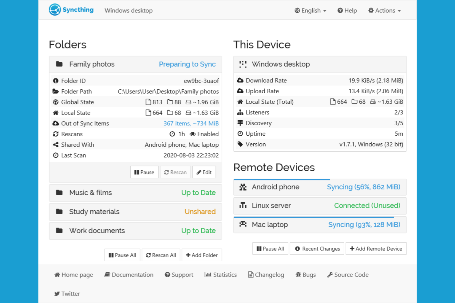 Syncthing screenshot - 10 mejores alternativas a GoodSync en 2026