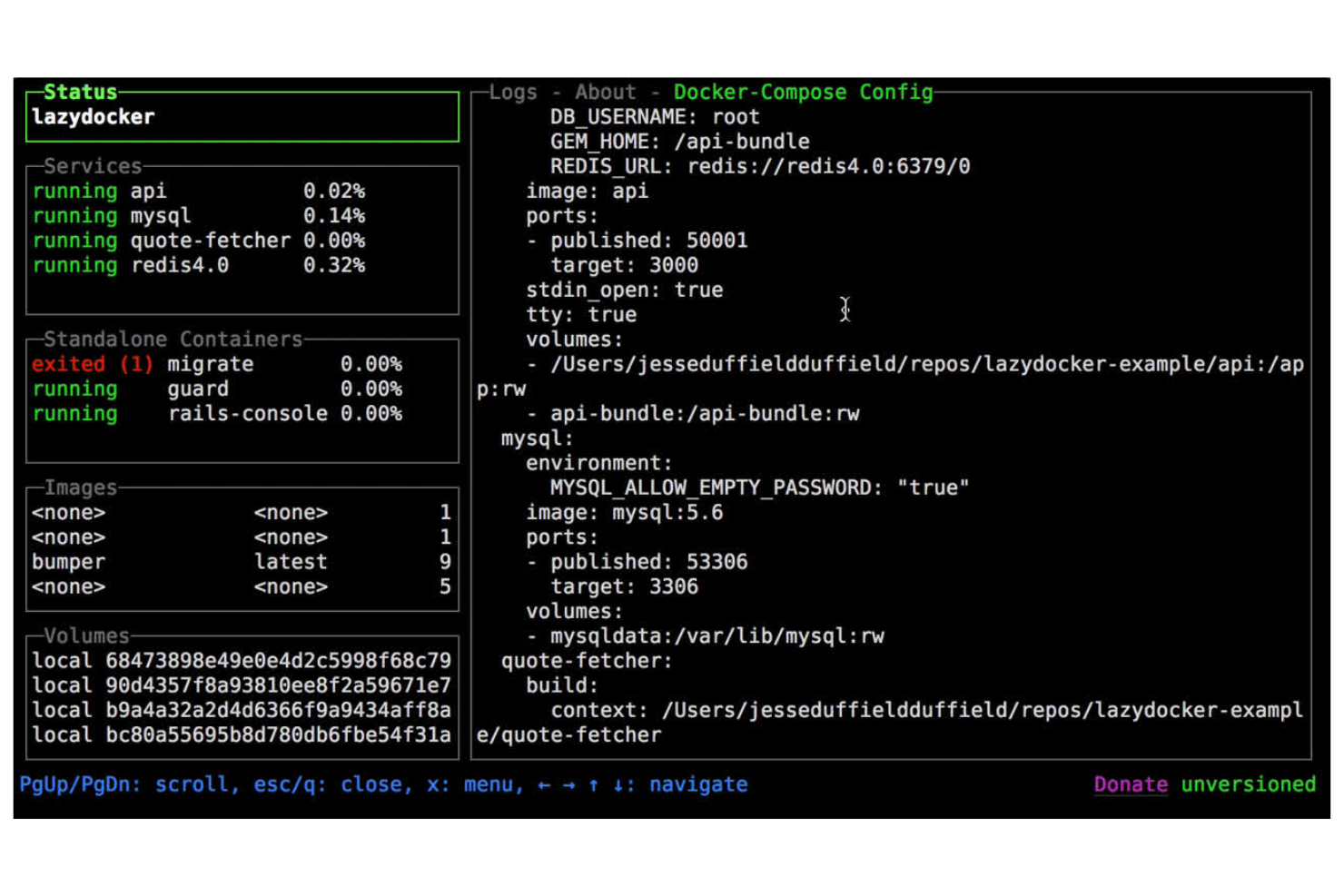 Lazydocker screenshot - 10 alternativas a Portainer para 2026