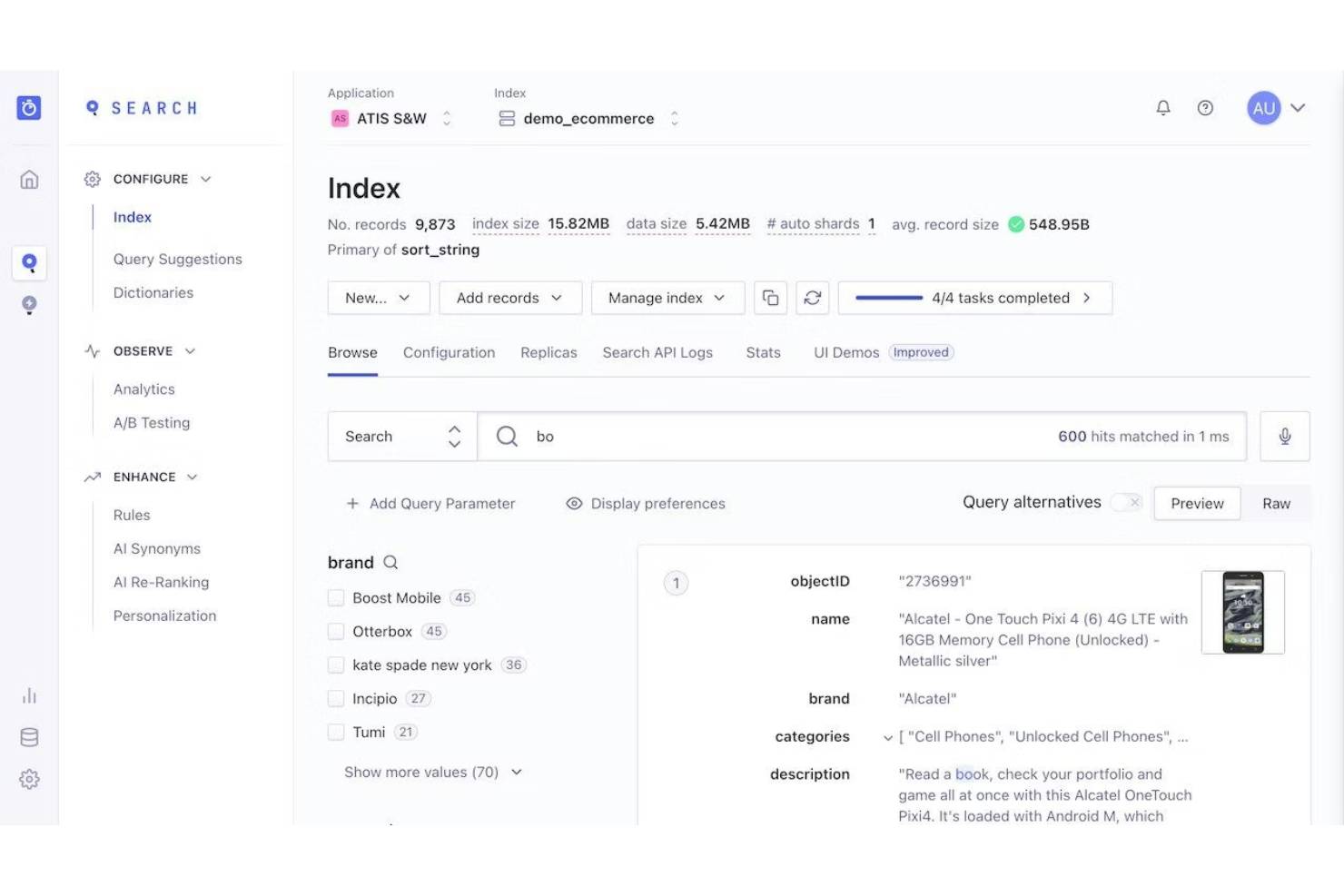 Algolia screenshot - 10 alternativas a Elasticsearch seleccionadas para 2026