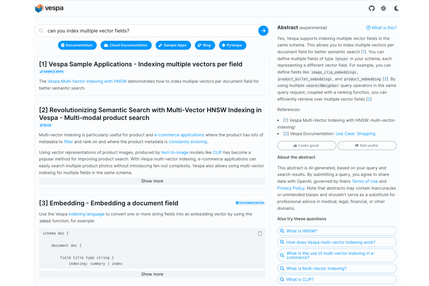 Vespa screenshot - 10 alternative a Elasticsearch selezionate per il 2026