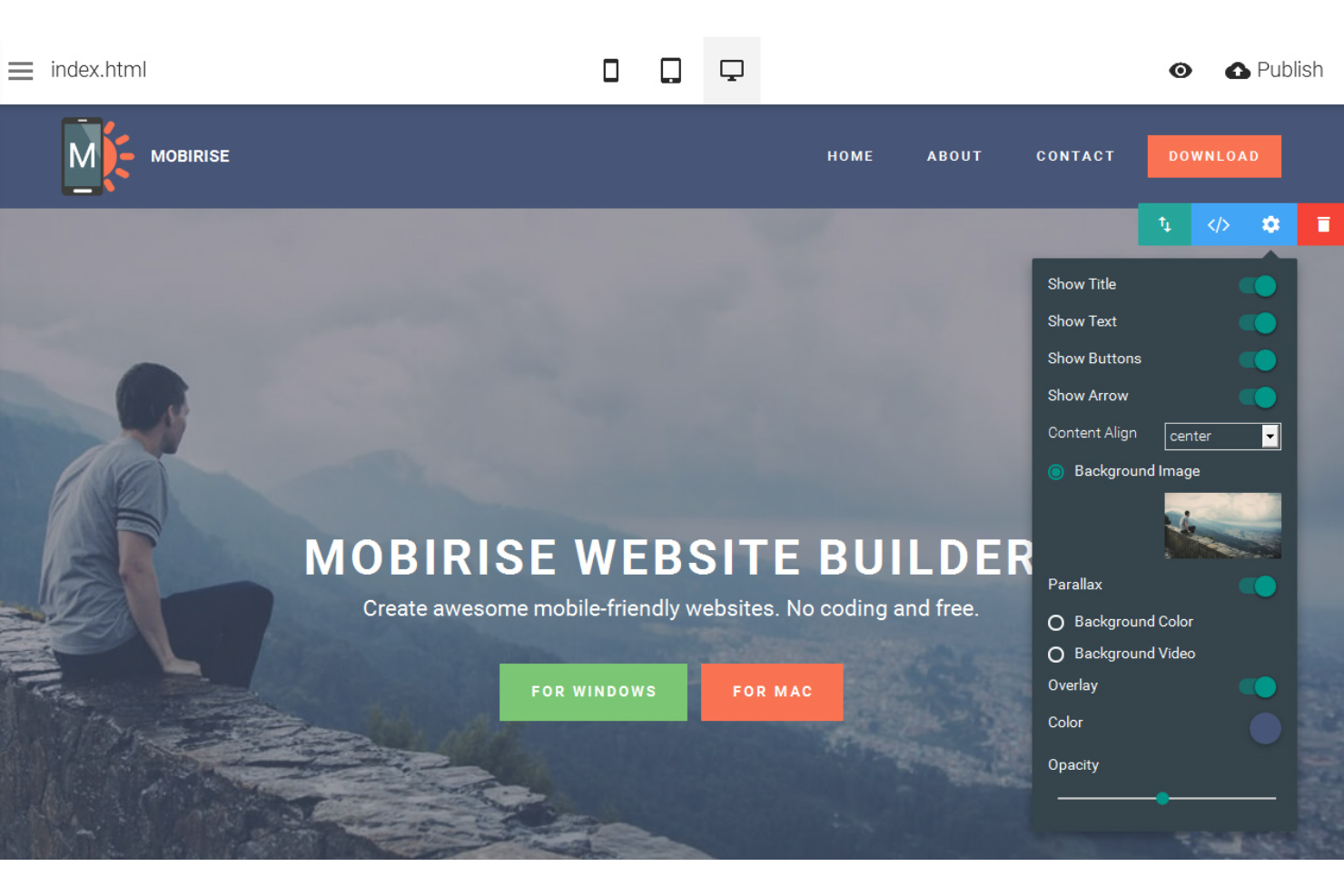 Mobirise screenshot - Las 10 mejores alternativas a Webflow para 2026