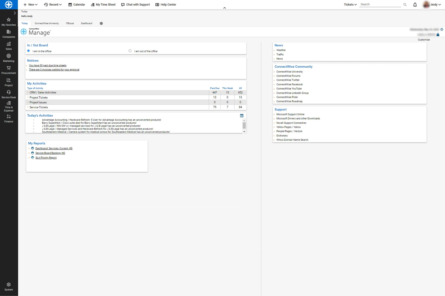 ConnectWise PSA tracks remote support tickets and tasks in one dashboard.
