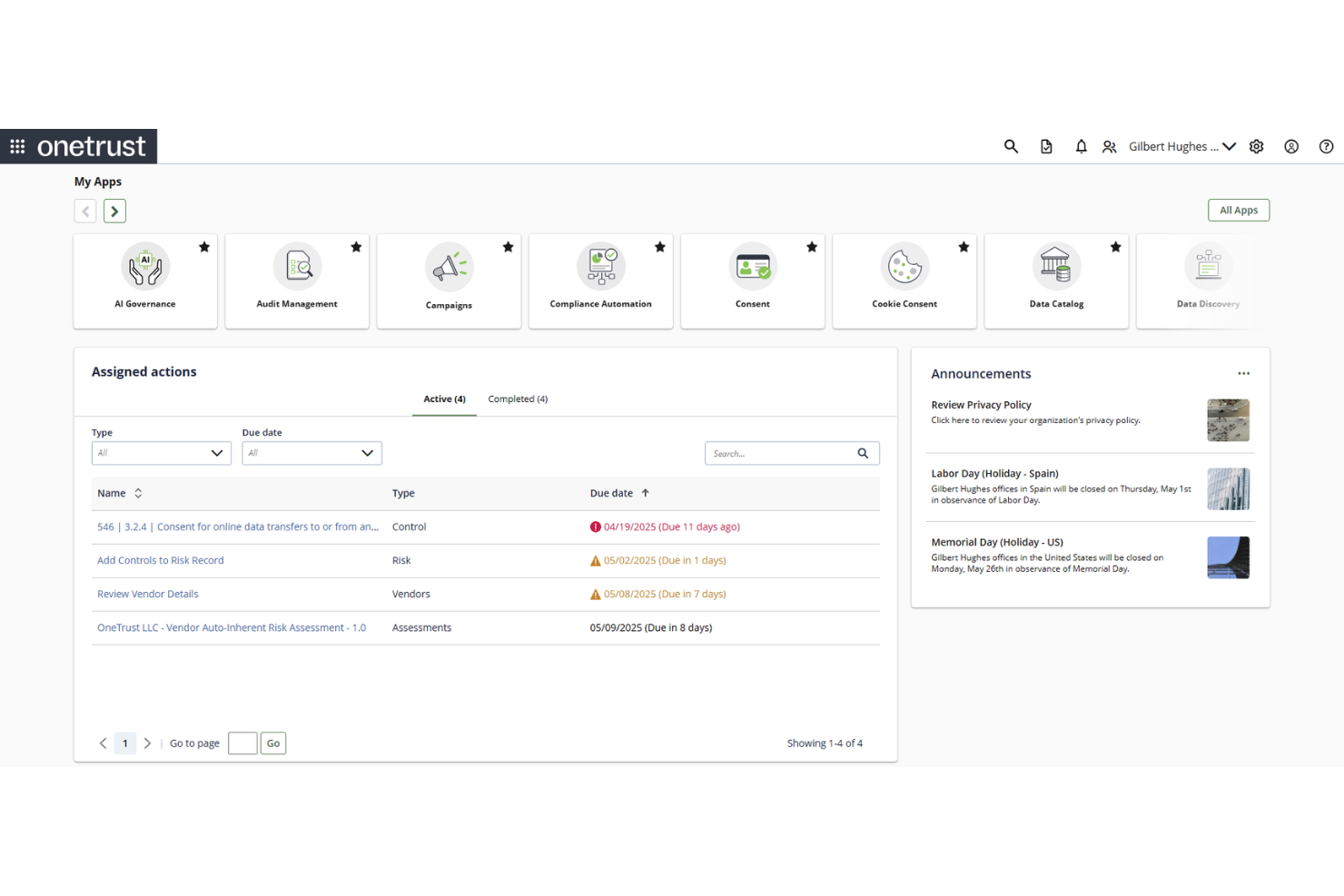 OneTrust manages data privacy, consent, and compliance centrally.