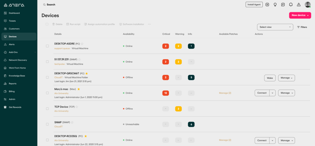 Atera offers a detailed status of devices such as availability, info, available patches, etc.