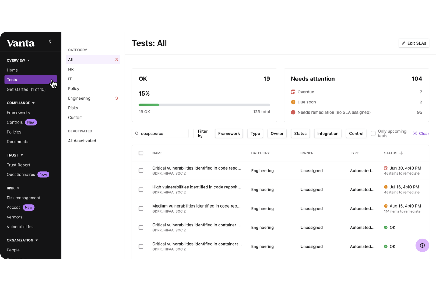 Vanta automates compliance monitoring, audits, and security workflows.