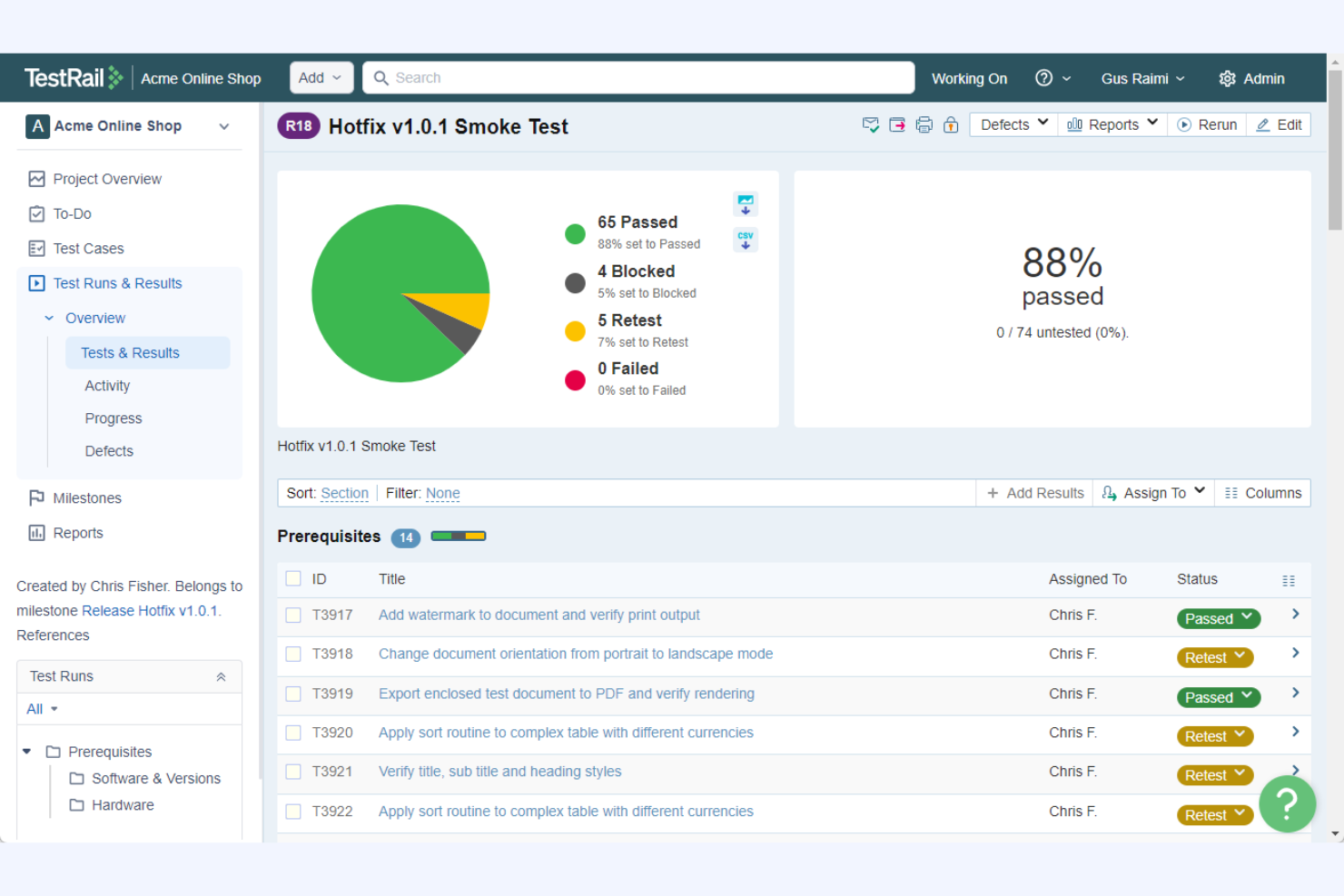 TestRail organizes test case runs and results for structured QA testing.