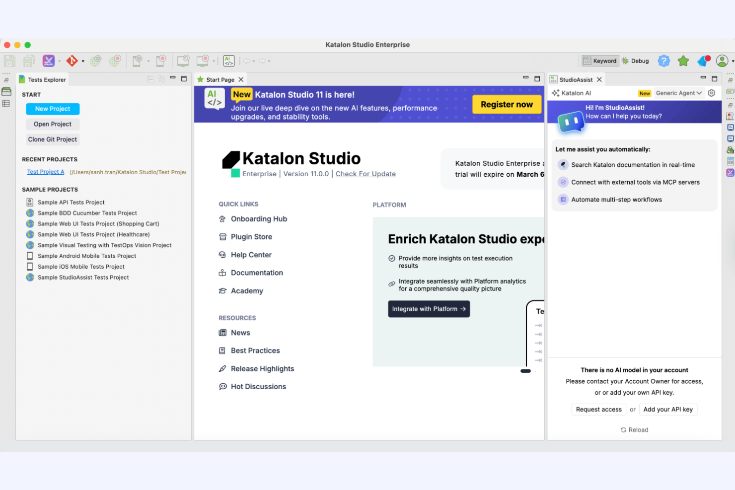 Katalon Studio automates web, API, mobile, and desktop testing workflows.