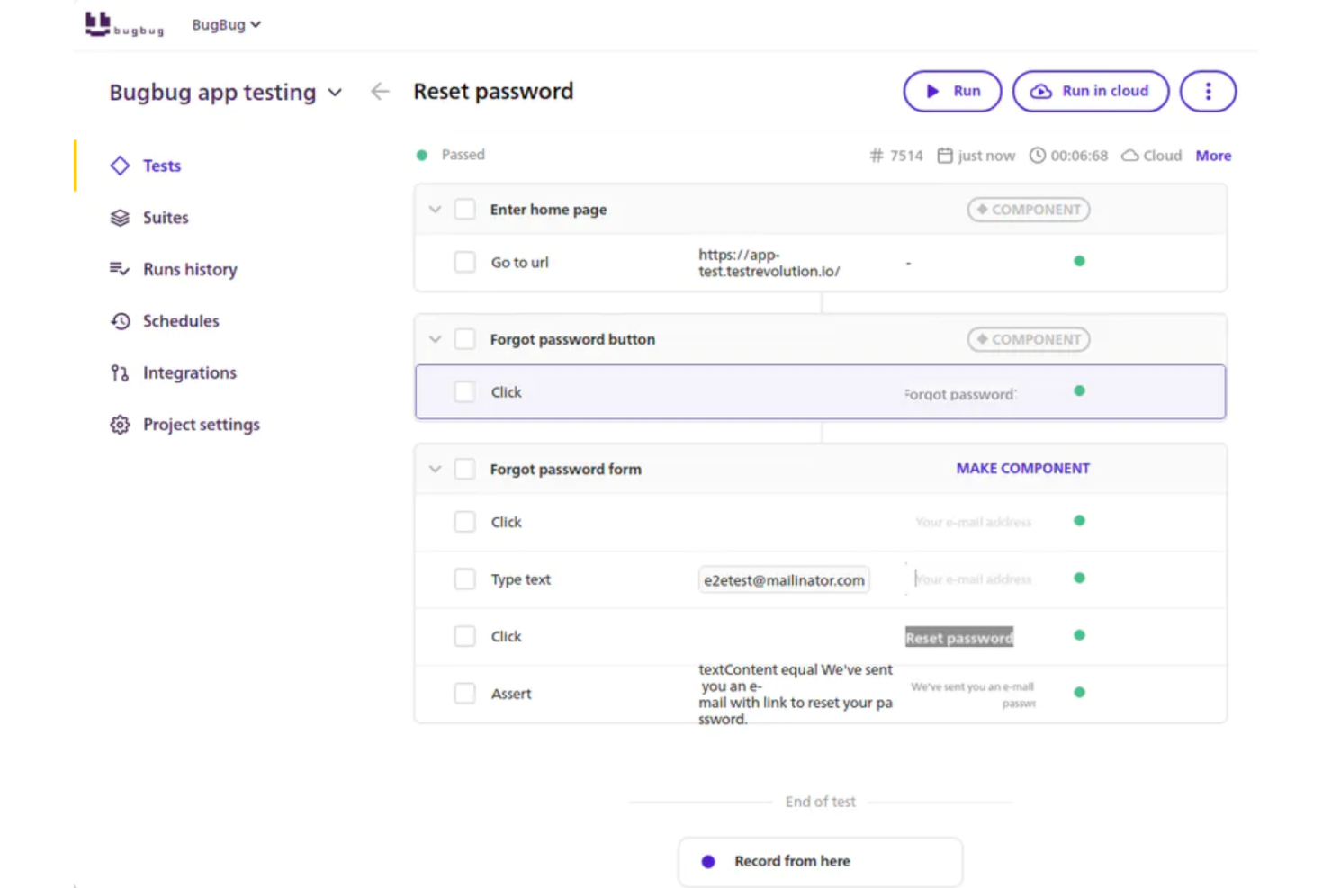 BugBug records and runs browser tests to automate web app testing.