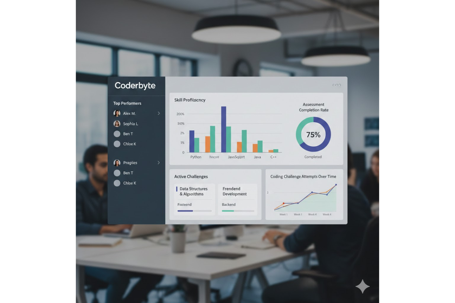 Coderbyte evaluates code quality through challenges, tests, and assessments.
