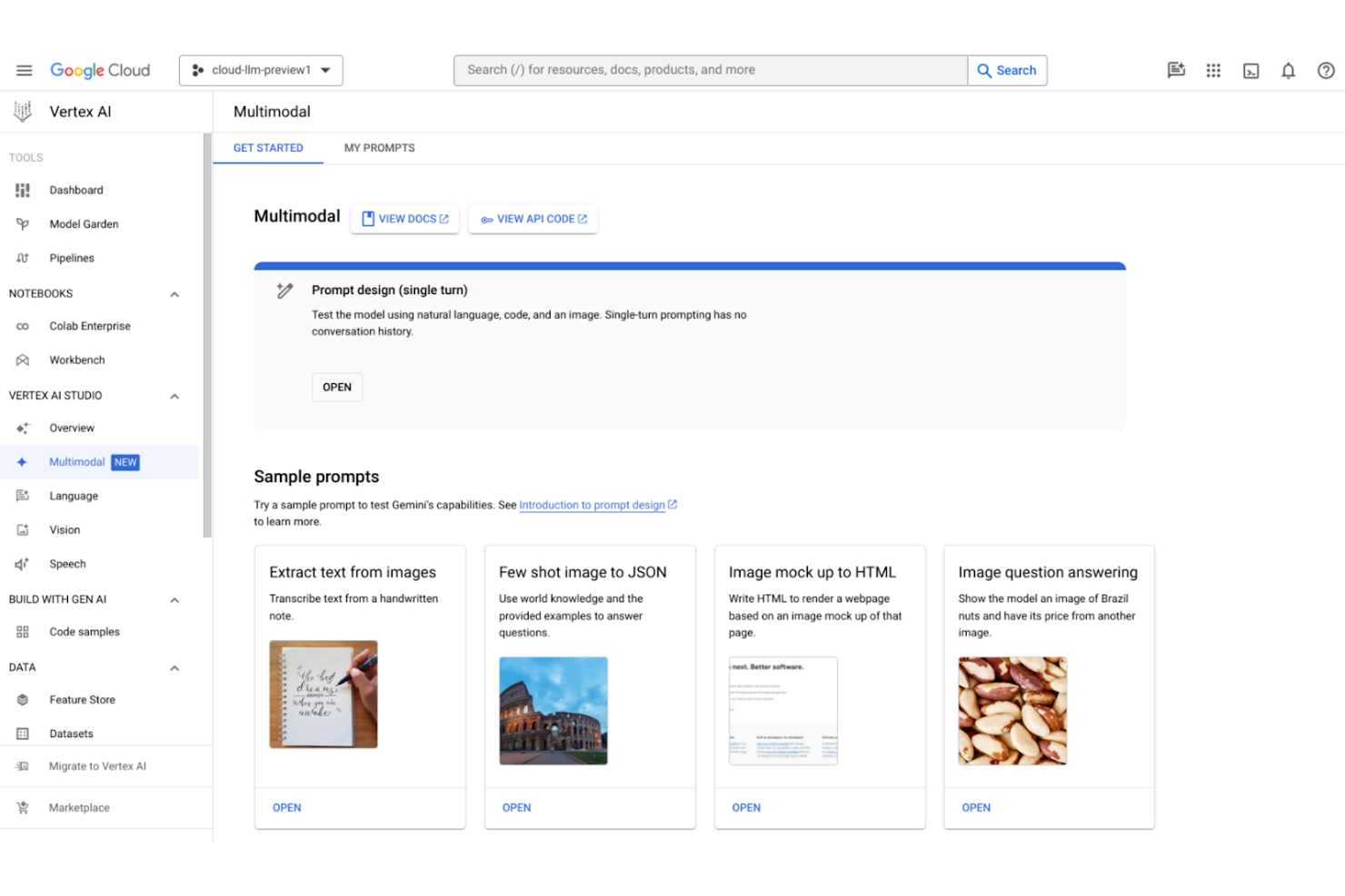 Vertex AI enables multimodal AI prompts, training, and deployment.