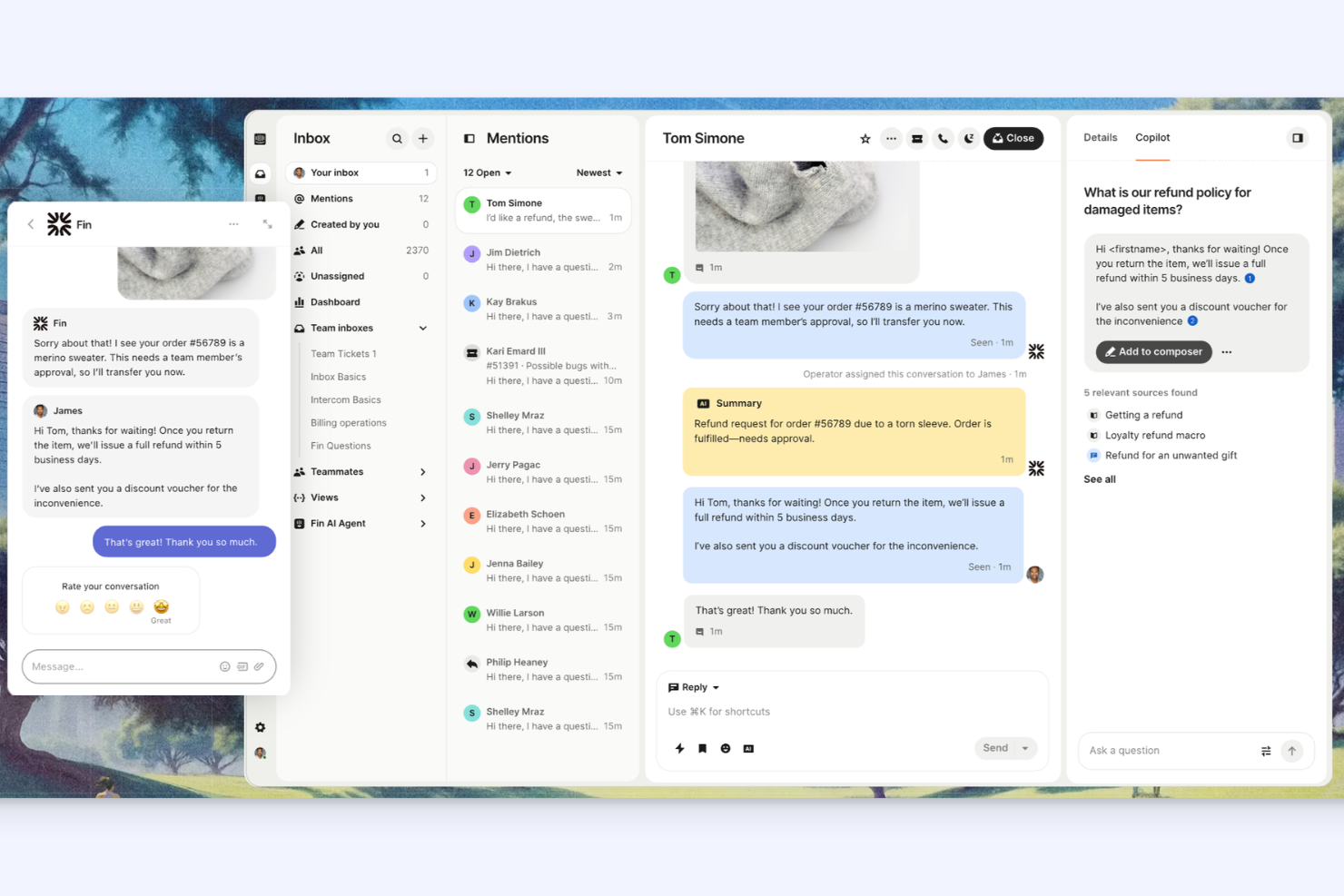 Intercom manages customer chats, tickets, and support workflows in one hub.