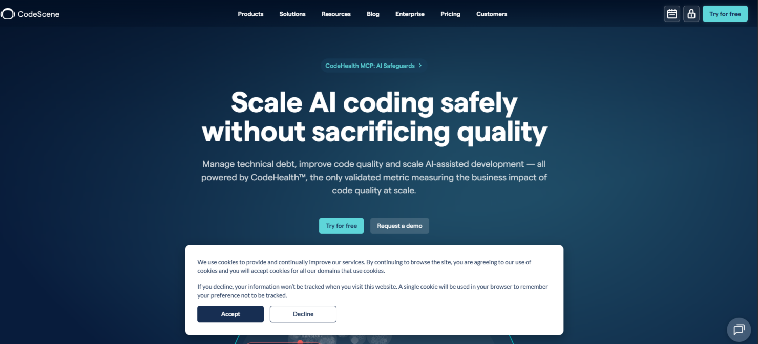 CodeScene analyzes code health, hotspots, and team productivity insights.