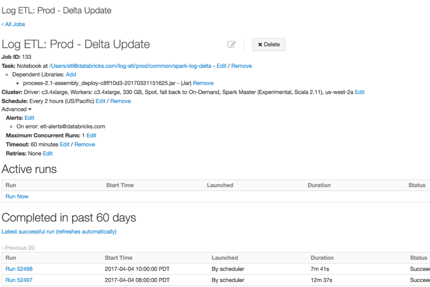 This Databricks Jobs page enables you to schedule, automate, and monitor recurring ETL pipelines with configurable clusters, alerts, retries, and execution history.