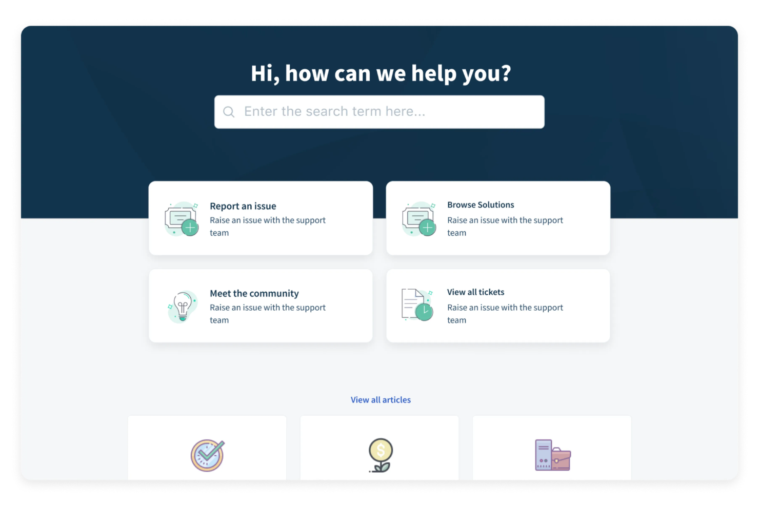 Freshdesk knowledge base homepage with search bar and quick links to report issues, browse solutions, join the community, and view tickets.