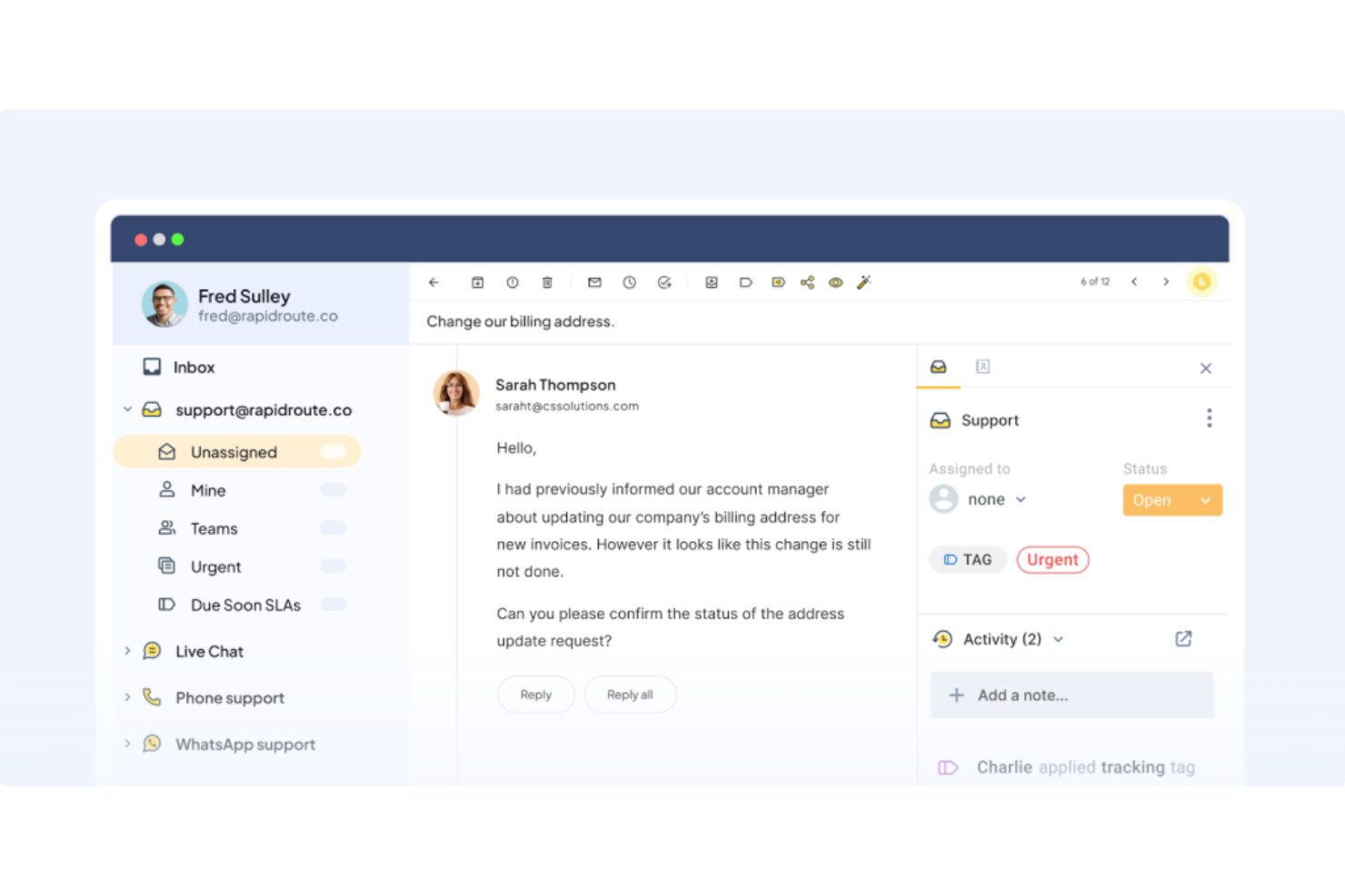 Hiver offers a shared inbox interface with email ticketing, tagging, status tracking, and activity logs for automated help desk management.