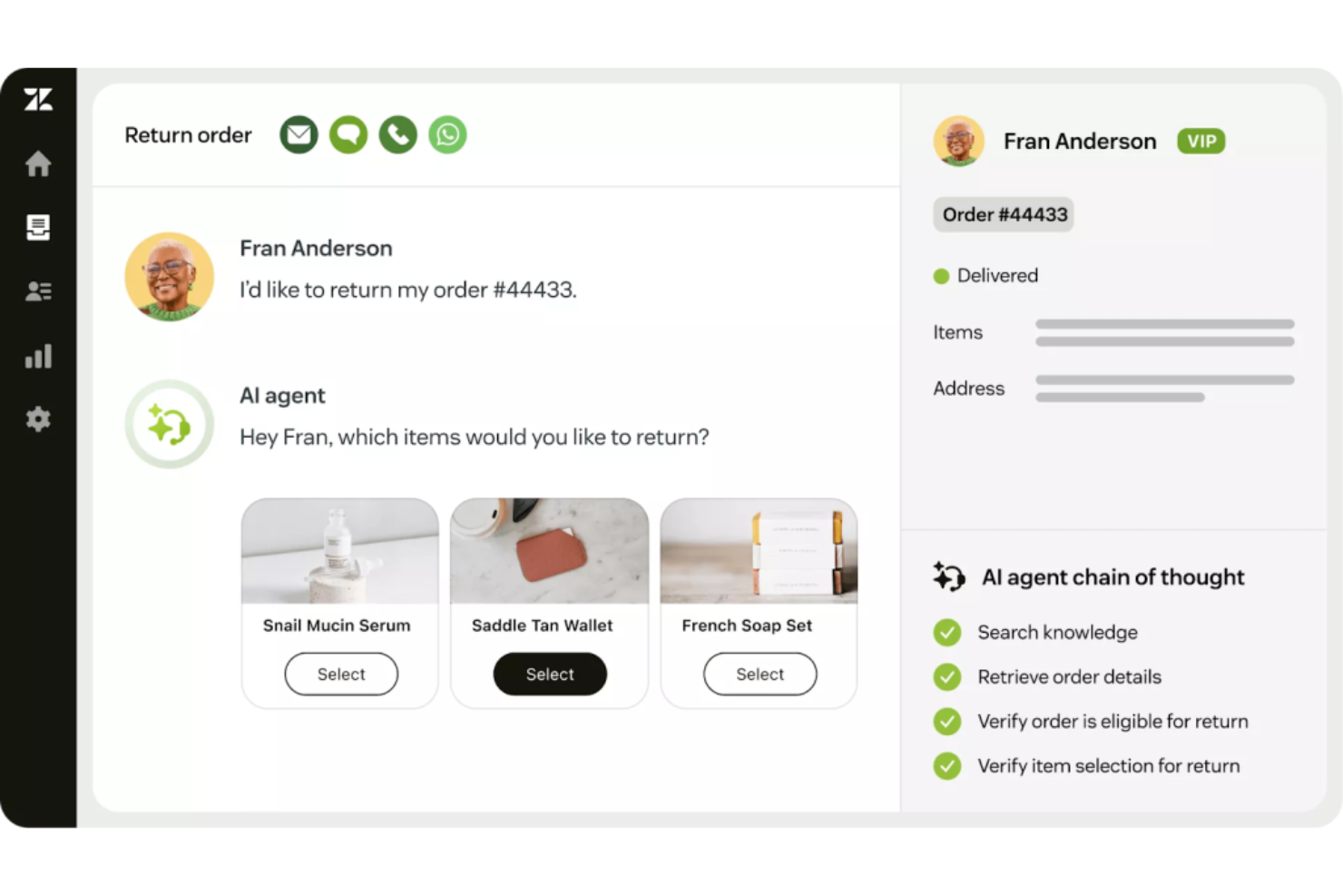 Hiver offers an AI agent-powered return order workflow that automates customer interactions, retrieves order details, and verifies return eligibility within its help desk interface.