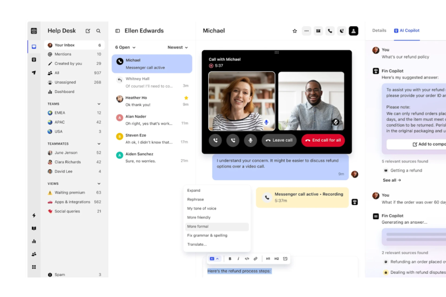 Hiver offers an automated help desk interface with AI Copilot, video calling, live messenger, and tone-adjustment tools for agent-assisted customer support.