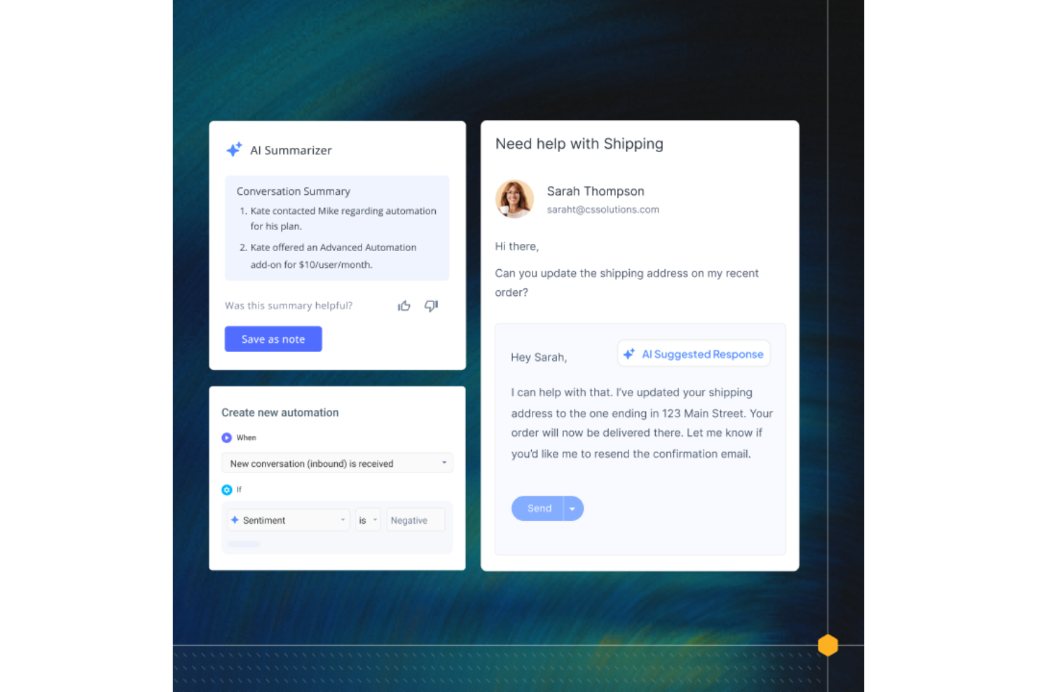 Hiver offers AI-powered features including conversation summarization, automated sentiment-based routing, and AI-suggested responses to streamline help desk operations.