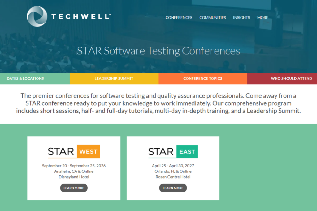 Landing page of the STAR Software Testing Conferences 2026