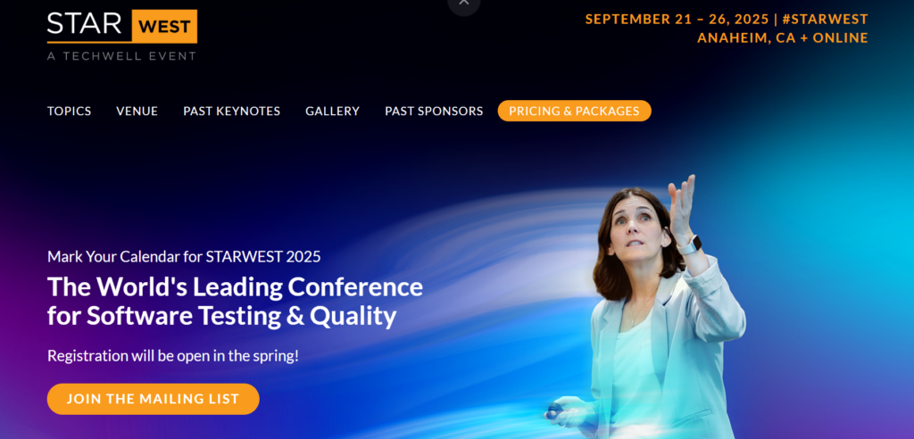 Screenshot of the Star West landing page, a QA conference
