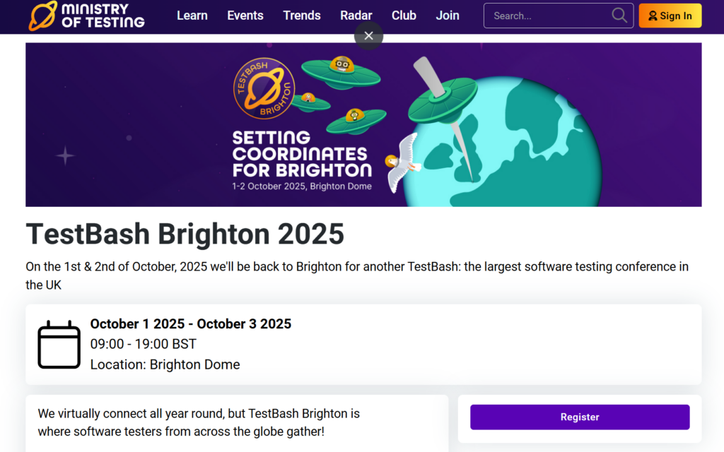 TestBash Brighton 2025 conference landing page screenshot