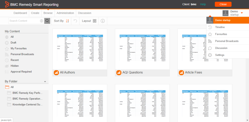 BMC Helix smart reporting dashboard interface