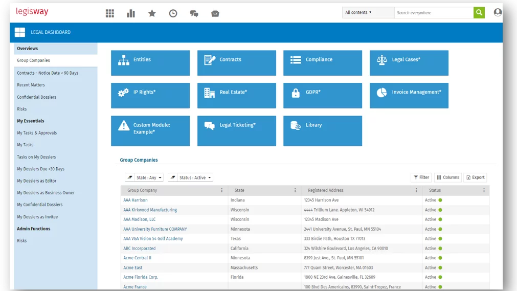 Legisway CLM software interface