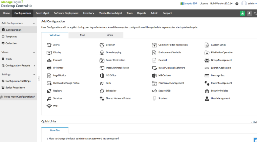 ManageEngine Desktop Central configuration dashboard