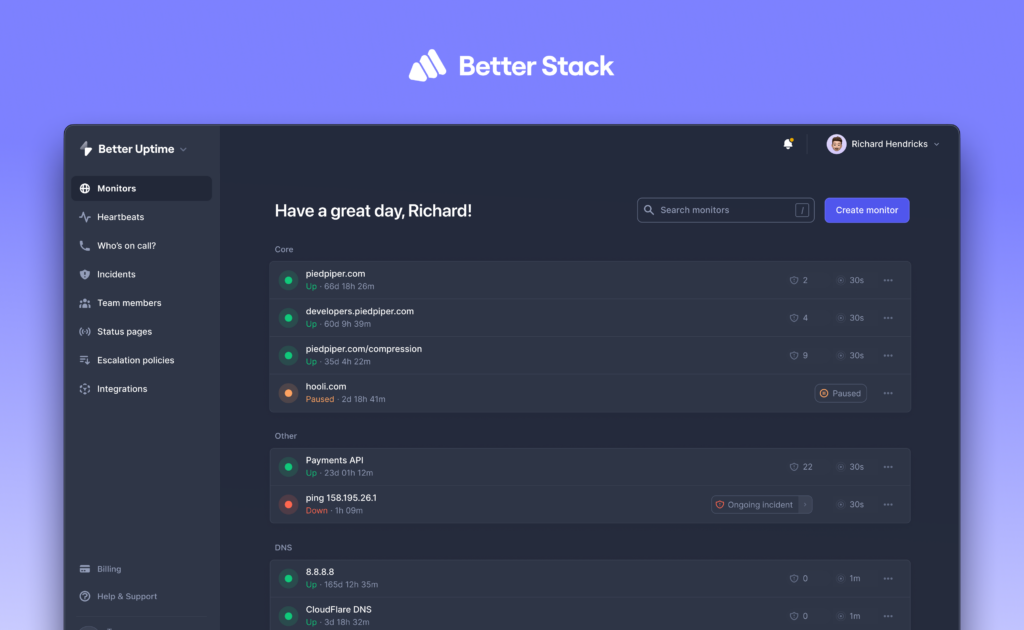 A photo of the user interface for the tool Better Stack.