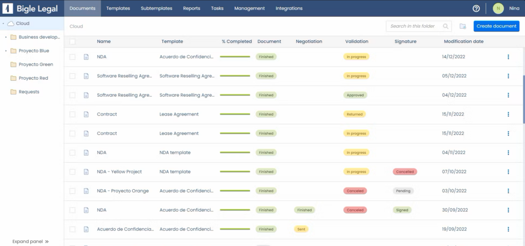Bigle Legal CLM software interface