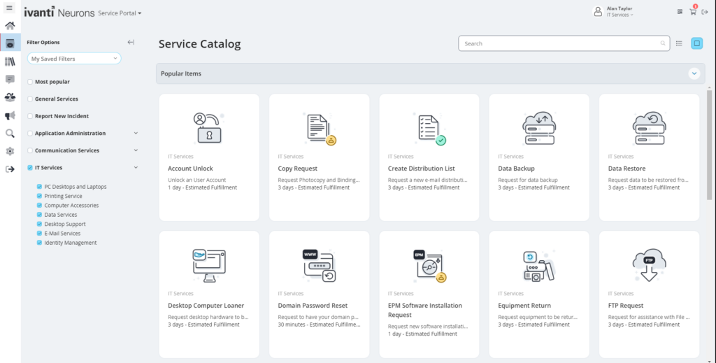 Ivanti Neurons for ITSM service catalog dashboard interface
