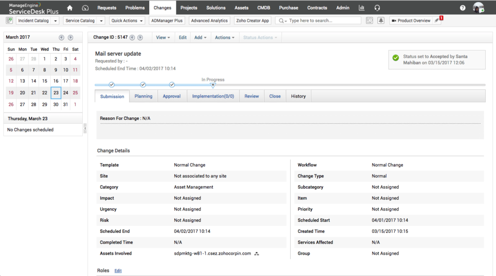 ServiceDesk Plus change management interface