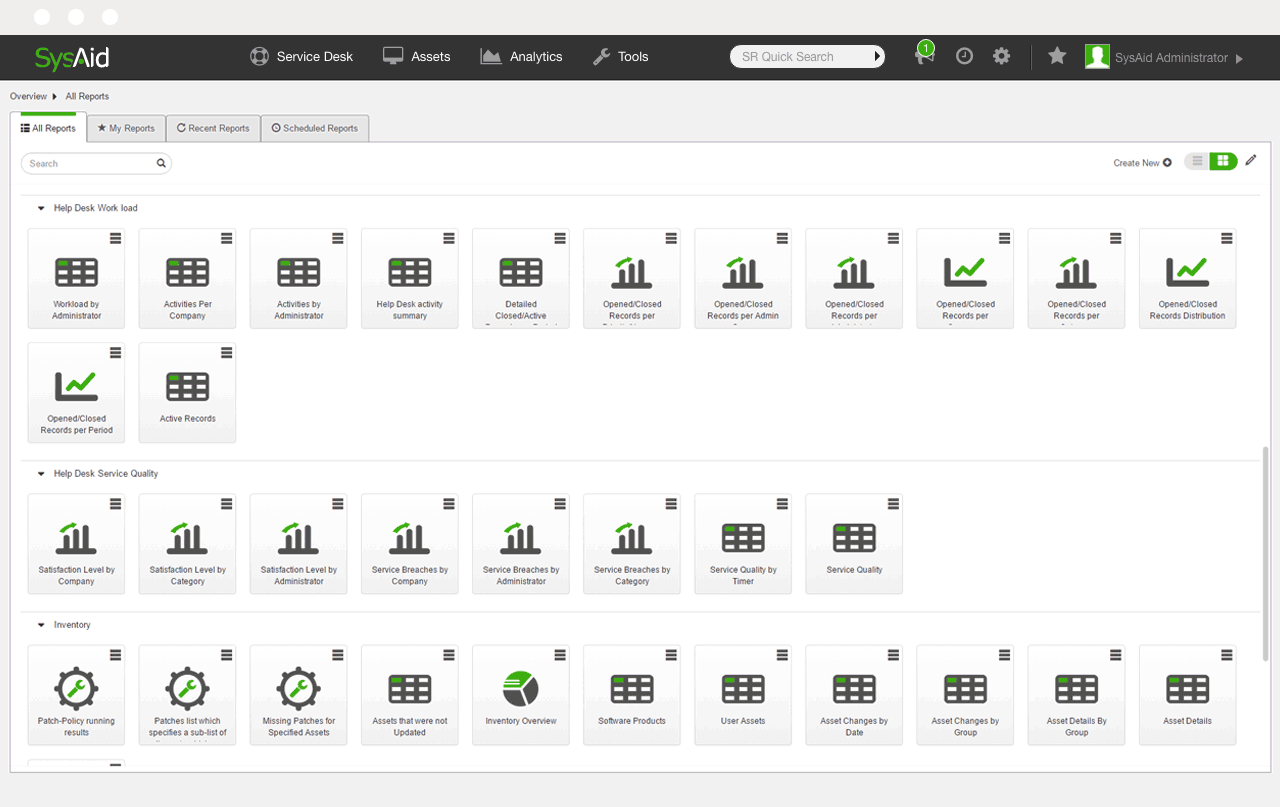 SysAid built-in reports dashboard interface
