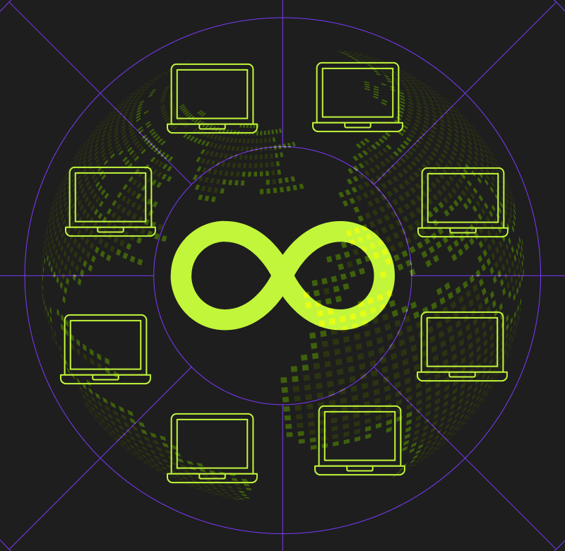 Six laptops connected as part of a DevOps team