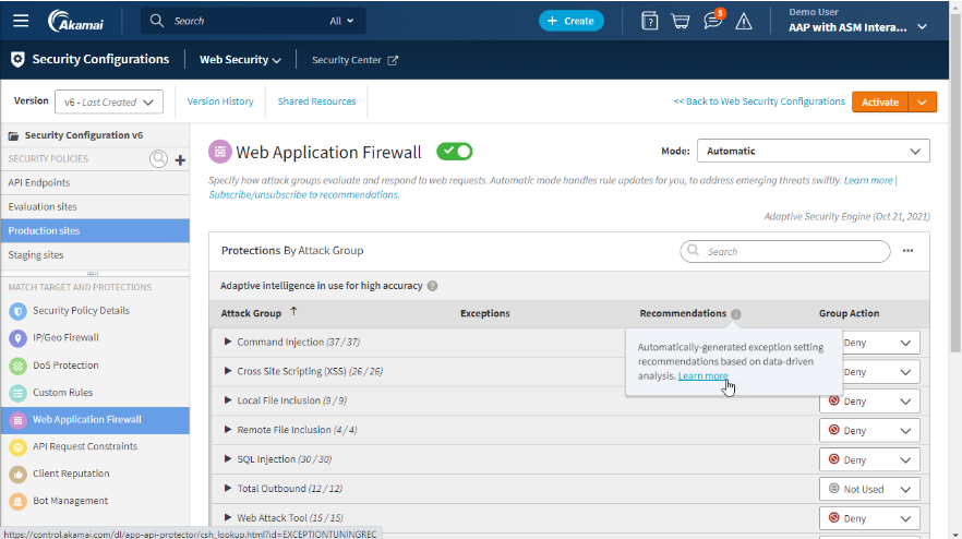 Akamai's security configuration dashboard